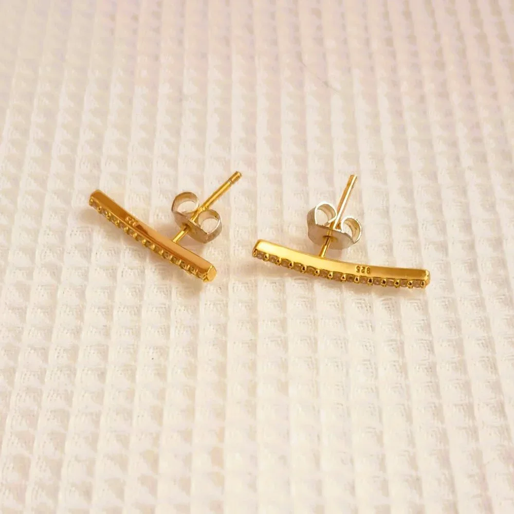 925 Skinny Bar CZ Earrings Sterling Silver Minimalist Curved Pave Stud Jewelry